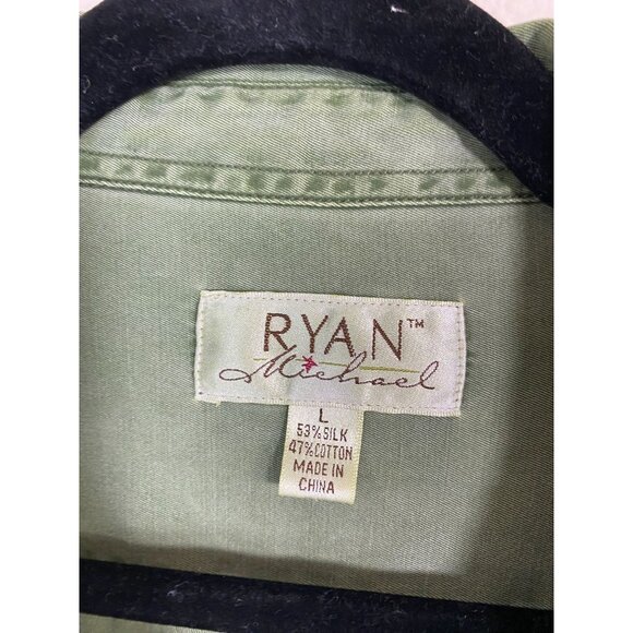 Ryan Michael Men Silk Blend Green Button Up Shirt Size Large Long Sleeve Western - Picture 3 of 16